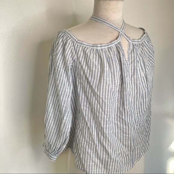 Lucky Brand Off Shoulder Strappy Tie Top Blue White Stripe Boho Medium Crop - Picture 5 of 13